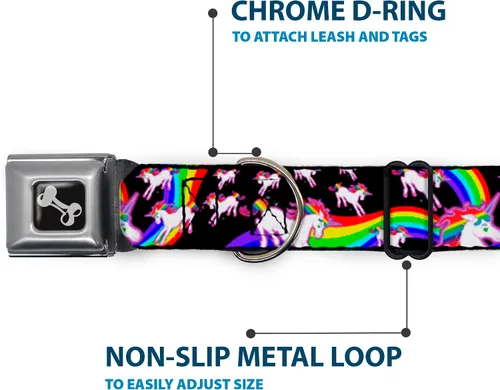 Vista 5 de Buckle-Down Collar de perro con hebilla de cinturón de seguridad, unicornios/arco iris negro, 1 pulgada de ancho, se adapta a cuello de 9 a 15
