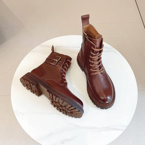Vista 2 de Botines de cuero para mujer, con cordones, tacón bajo