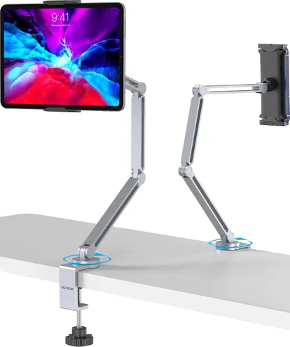 Vista 10 de YICOSUN Soporte de brazo para tableta con súper agarre, soporte plegable ajustable y abrazadera giratoria de aluminio resistente de 360° para iPad