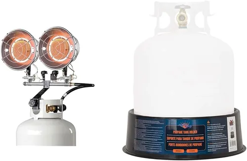 Vista 6 de Mr. Heater, MHS30T - Calentador de propano para exteriores de doble tanque (F216600) y Flame King YSN-301 Cilindro de tanque de propano de acero