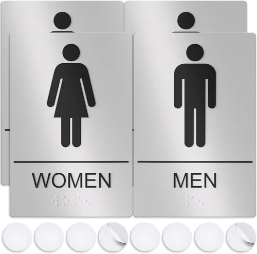 Vista 9 de Letreros unisex de baño, letrero de baño para negocios, para hombres y mujeres, 9 x 6 pulgadas, compatible con la ADA con Braille, adhesivos fuertes