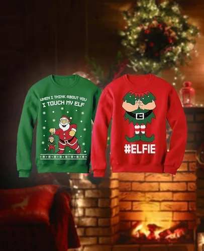 Vista 4 de Tstars I Touch My Elf Elfie Ugly Christmas Sweater Sweatshirt Funny Matching Couple Set Set