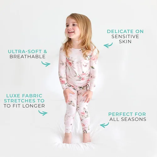 Vista 13 de Posh Peanut Pijamas para niñas, suaves, de viscosa de bambú para niños, pijamas a juego de manga larga para niñas