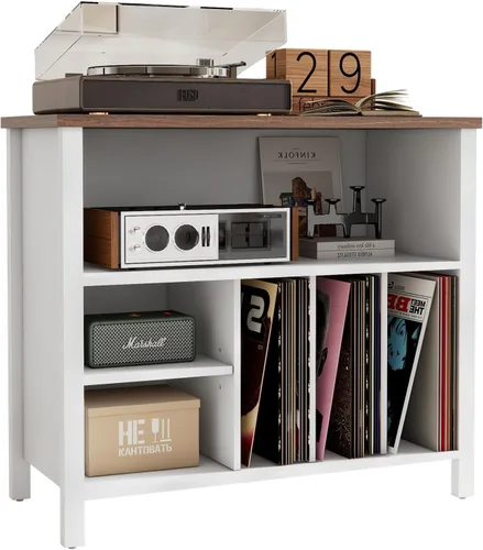 Vista 8 de Soporte para tocadiscos, gabinete de almacenamiento de discos de vinilo de mediados de siglo, soporte para tocadiscos de 3 niveles, soporte