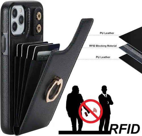 Vista 5 de Folosu Funda compatible con iPhone 11 Pro con soporte para tarjetas, rotación de 360°, soporte de anillo de dedo con función atril, protección RFID