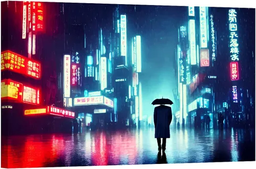 Vista 14 de LSIUHWUWI Future City Concept - Cuadro decorativo moderno para pared, impresión sobre lienzo Cyberpunk City Neon Streetview por la noche