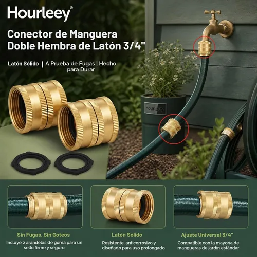 Vista 5 de Hourleey Adaptador de manguera de jardín, conectores de manguera de latón macizo de 3/4 pulgadas, paquete de 2 conectores de manguera con 2