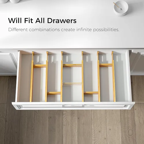 Vista 6 de EcoFives Separadores de cajones de bambú ajustables con insertos, organizador de cajones expandible con resorte para cocina, ropa, herramientas