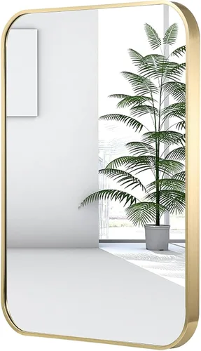Vista 10 de Espejo de pared negro de 16 x 24 pulgadas para baño, espejo con marco de metal cepillado con esquina redondeada, espejo rectangular de tocador