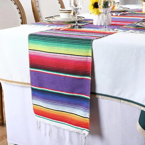 Vista 5 de Tegeme 12 Piezas Caminos de Mesa Mexicanos 14 x 84 Pulgadas Camino de Mesa Mexicano Serape Manta Decorativa con Flecos de Algodón Decoración
