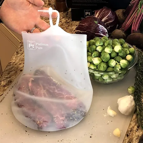 Vista 7 de Bolsas reutilizables Sous Vide, juego de 2 bolsas sin BPA para cocinar al vacío, 100% silicona de platino LFGB pura sin rellenos, compatible