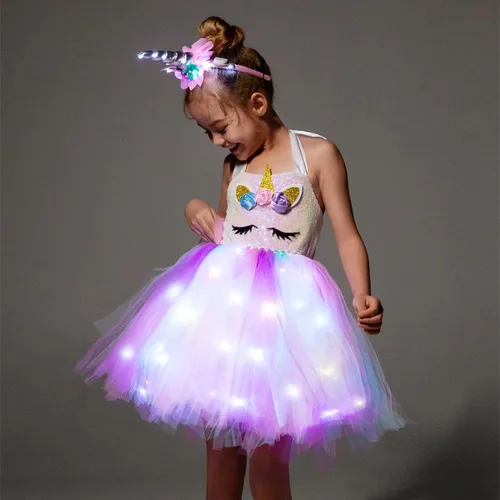 Vista 3 de Disfraz de princesa de unicornio para niñas con luz LED, para cumpleaños, Navidad, fiestas, regalos, con diadema