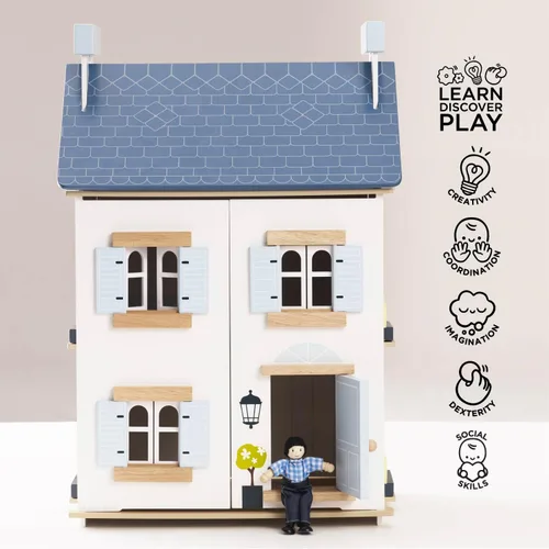 Vista 4 de Le Toy Van - Casa de muñecas de madera Sky - Casa de sueños para niños - 2 pisos con ático - Llena de accesorios para casa de muñecas - Adecuada
