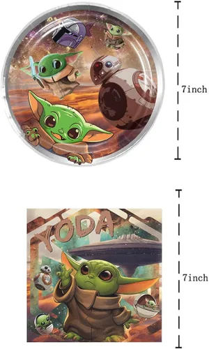 Vista 2 de El paquete de 40 suministros para fiestas de Baby Yoda incluye 20 platos, 20 servilletas para decoración de fiesta de Baby Yoda