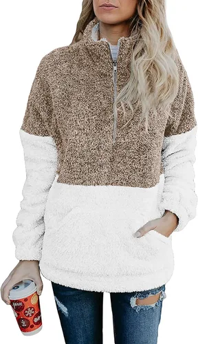 Vista 15 de BTFBM - Suéter sin botones de sherpa con capucha para mujer, con 1/4 de cremallera y manga larga, suave y mullida, de vellón Azul