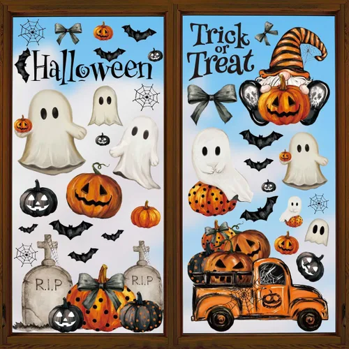 Vista 13 de Horaldaily 40 calcomanías de Halloween para ventana, Jack-O-Lantern, calabaza, camión, gnomo, fantasma, murciélagos, gatos, suministros de fiesta