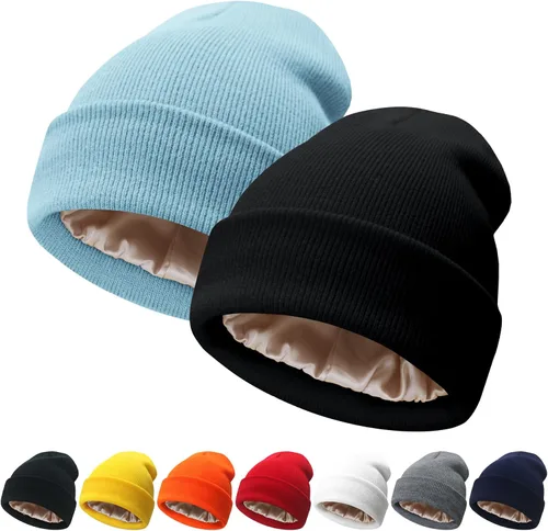 Vista 19 de NPQQUAN 2 PCS Satin Lined Beanie for Women Silk Lined Beanies Winter Warm Soft Lining Cuffed Knit Beanie Hats for Women