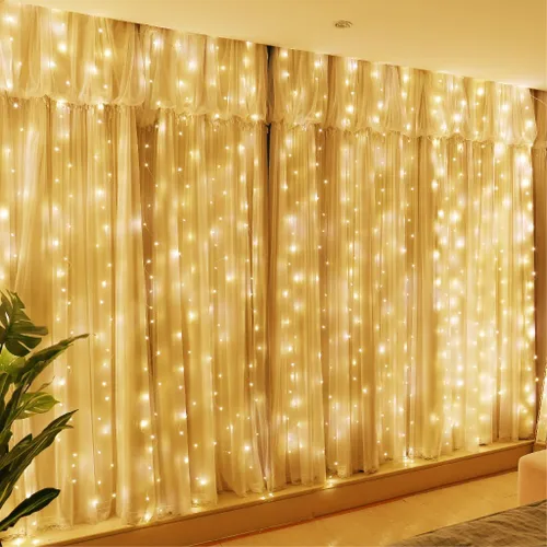 Vista 17 de HXWEIYE - Tira de 300 luces LED, cortina de guirnaldas navideñas con enchufe USB, 8 modos, control remoto para decoración de pared, fondo de Rojo