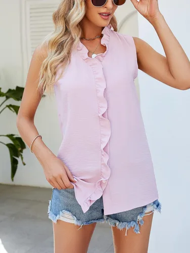 Vista 2 de Famulily Camiseta sin mangas con volantes para mujer, cuello en V, sin mangas, con solapa, botones frontales