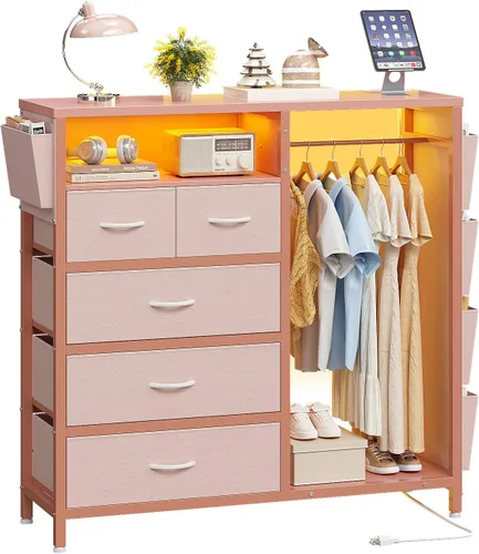 Vista 10 de Espelism Cómoda para dormitorio con perchero, bolsillos laterales, cómoda de 5 cajones con estación de carga, luces LED, cómoda de almacenamiento