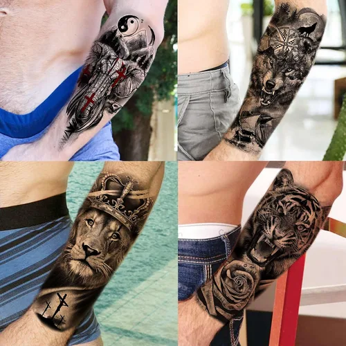 Vista 4 de Bilizar 63 hojas de tatuajes tribales temporales de lobo, león, tigre para hombres, mujeres, adultos, aterradores tatuajes temporales de calavera