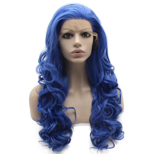 Vista 9 de Mxangel Peluca larga ondulada con encaje frontal sintético negro verde degradado para fiesta de cosplay