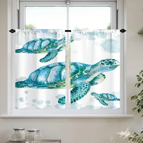Vista 12 de Cortinas cortas de cocina con diseño náutico de tortugas marinas azules y playas, media cortina de baño para dormitorio, juego de 2 paneles de 27.5