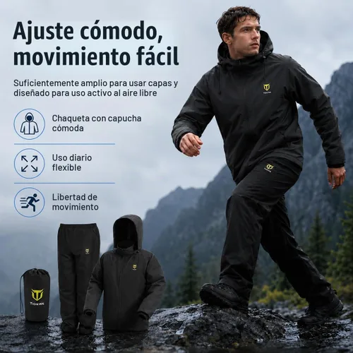 Vista 3 de TIDEWE Traje de lluvia para hombre, impermeable, ligero, de 2 piezas Negro