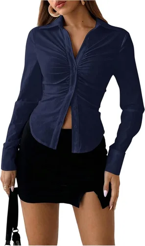 Vista 8 de SOLY HUX - Blusas de manga larga con botones y fruncidos para mujer, camisas de ajuste delgado, tops estéticos