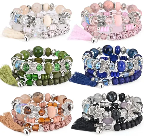Vista 14 de Juego de pulseras bohemias para mujer, 6 juegos de pulseras elásticas apilables multicolor, joyería bohemia para mujeres, pulseras hippie, joyería