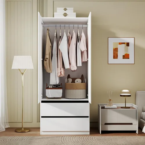 Vista 3 de Armario Ropero Closet con Cajones: Armario Grande Blanco de 75" con 2 Puertas para Colgar Ropa, Armarios de Madera Modernos para Dormitorio con 2