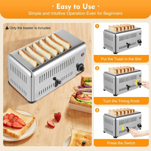 Vista 3 de Tostadora de 6 rebanadas, tostadora de 1680 W con temporizador, ranuras extra anchas, utensilios de cocina de acero inoxidable, máquina de hornear