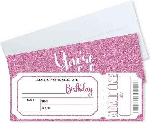Vista 9 de Invitaciones de cumpleaños de 3 x 8 pulgadas – 20 tarjetas de invitación con purpurina rosa con 20 sobres – Boletos VIP estilo relleno de doble cara