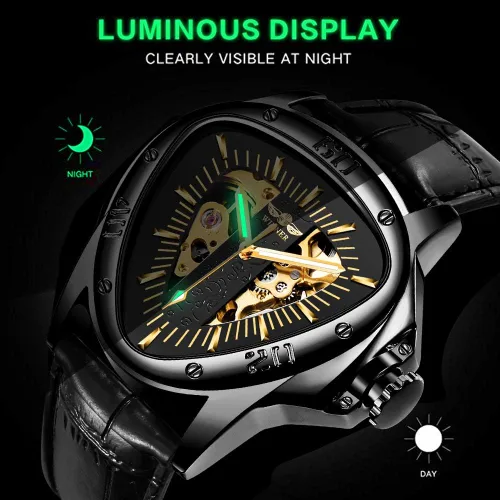 Vista 3 de Triangle Golden Skeleton Watch for Men Mechanical Automatic Wristwatch Sport Silver Stainless Steel Mens Watches