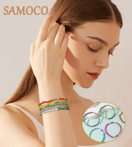 Vista 2 de SAMOCO 28 pulseras bohemias con cuentas para mujer, coloridas y apilables con cuentas de cristal brillantes, pulseras versátiles de múltiples capas
