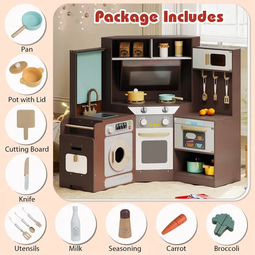 Vista 8 de Cocina esquinera de madera con luces y sonido, electrodomésticos completos y accesorios completos, juego de cocina para salas