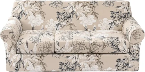 Vista 28 de KRFOONN Funda de sofá de 4 piezas con estampado para sofás de 3 cojines, funda elástica con 3 fundas de cojín separadas, protector de muebles