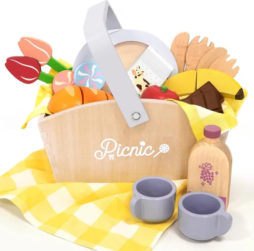 Vista 8 de Juguetes de madera para cupcakes, 21 piezas, juguetes de comida para hornear con coberturas intercambiables, regalo de fiesta de té Montessori