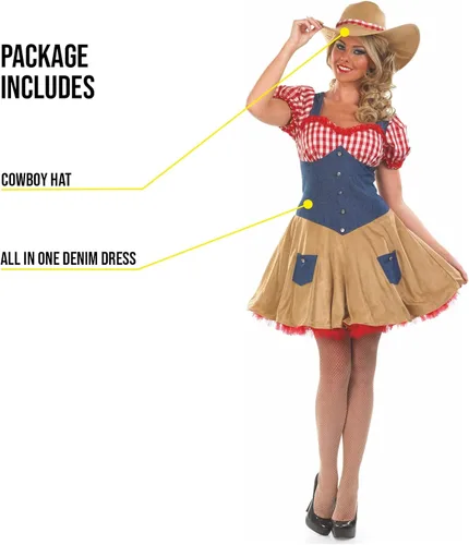 Vista 3 de fun shack Disfraz de vaquera para mujer, disfraz de vaquero occidental de Halloween para mujeres adultas, disponible en tallas S, M, L, XL, XXL