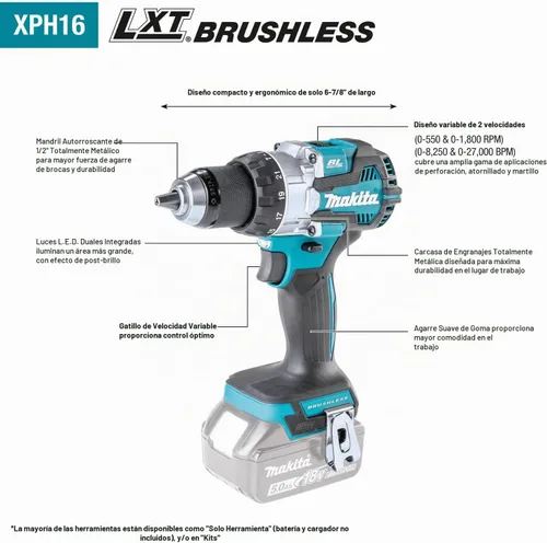 Vista 3 de Makita XPH16T 18V LXT Kit de taladro de martillo inalámbrico compacto sin escobillas de iones de litio de 1/2" (5.0Ah)