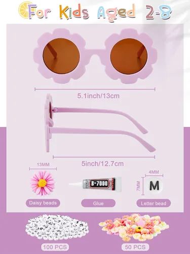 Vista 2 de Dunzy 10 pares de lentes de sol redondos de flores para niños, gafas de bricolaje para exteriores, con 50 margaritas, 100 cuentas de letras al azar