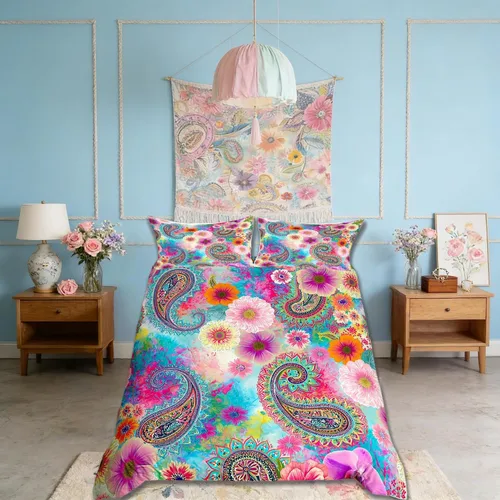 Vista 14 de Juego de funda de edredón con lazo de dibujos animados para niñas, tamaño individual, juegos de ropa de cama de princesa con lazo para niños, 2 Azul