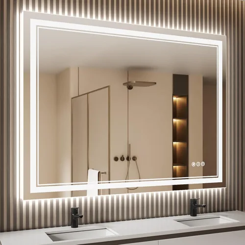 Vista 43 de Espejo de baño LED de 24 x 28 pulgadas, luz frontal y retroiluminada, antiniebla, regulable, espejo de tocador iluminado con memoria, espejo LED
