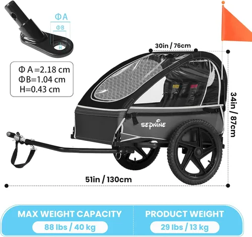 Vista 3 de Sepnine Remolque de bicicleta para niños, adecuado para 1 a 2 niños, 12 meses en adelante, fijación rápida a la bicicleta, plegable, con arnés de 5