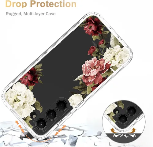 Vista 7 de Funda para Galaxy S23 con protector de pantalla de vidrio templado, funda protectora de cuerpo completo con bonito patrón floral transparente