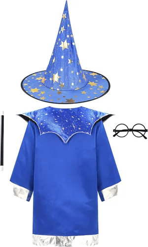 Vista 2 de renvena Disfraz de mago de Halloween para niños y niñas, conjunto de bata y sombrero de brujas