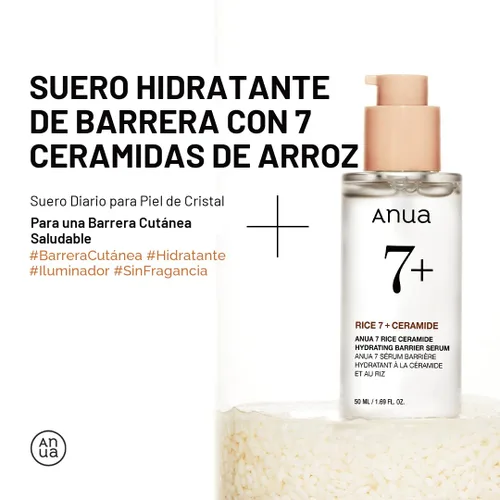 Vista 2 de ANUA Rice Ceramide 7 Suero Hidratante de Barrera, Suero Hidratante para la Cara, Arroz, Ácido Hialurónico, Niacinamida, Sin Fragancia, No