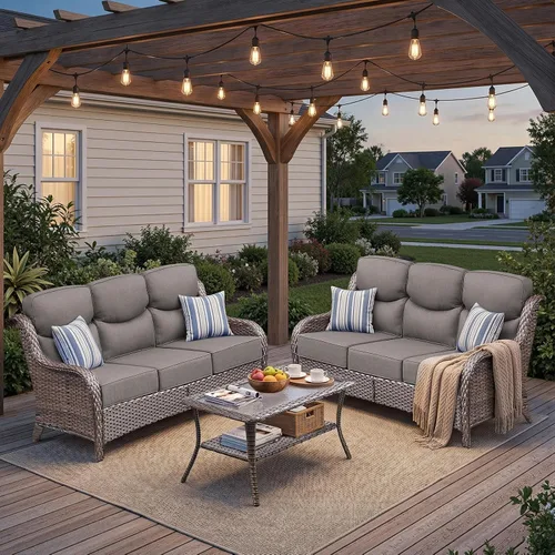 Vista 16 de Sofá de lujo para patio al aire libre, sofá de mimbre resistente para todo tipo de clima, sofá de 3 plazas con asiento profundo y funda extraíble