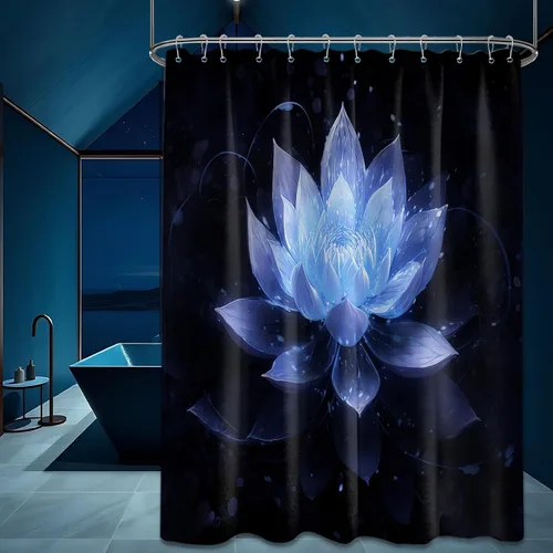Vista 40 de Cortina de ducha con flores de loto negro y azul para decoración de baño, juego de cortinas decorativas de baño con estampado floral, tela