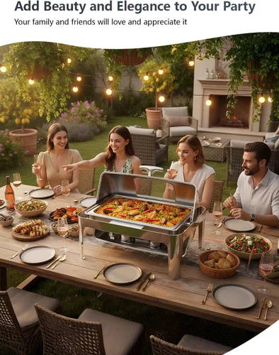 Vista 6 de Platos de roce con parte superior enrollable de 13QT para buffet: Calentador de alimentos para catering para fiestas, cumpleaños, bodas, Navidad, 1